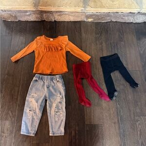 Orange Ruffle Top with Jeans and Tights Set 12 months plus tights